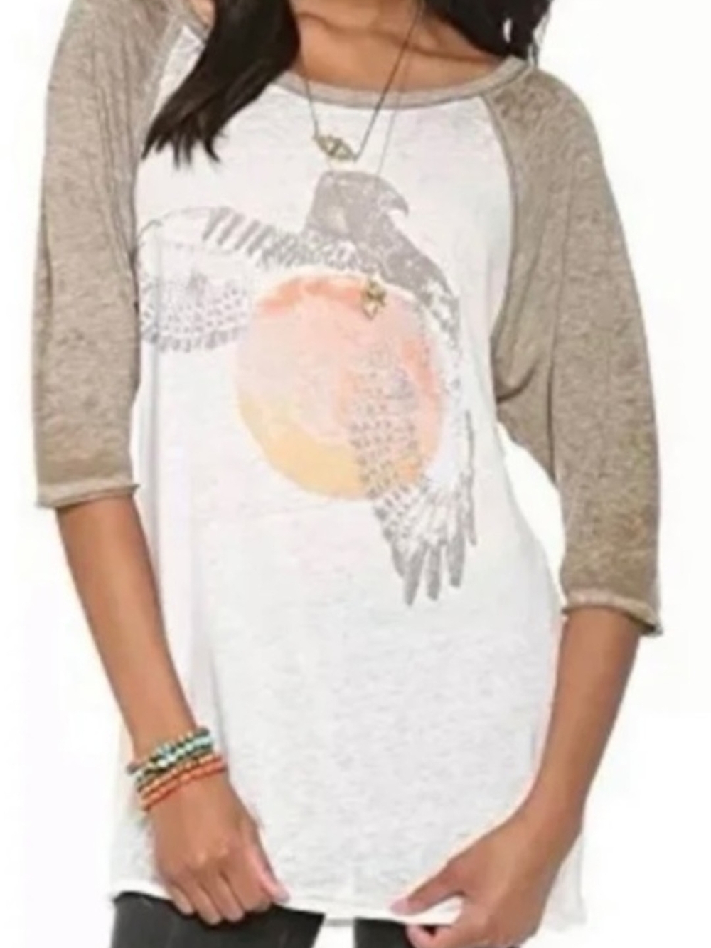 ✨️We The Free-Cream Burnout Raglan Bandit 3/4 Sleeve Tee with Bird & Sun. Sz Lg.